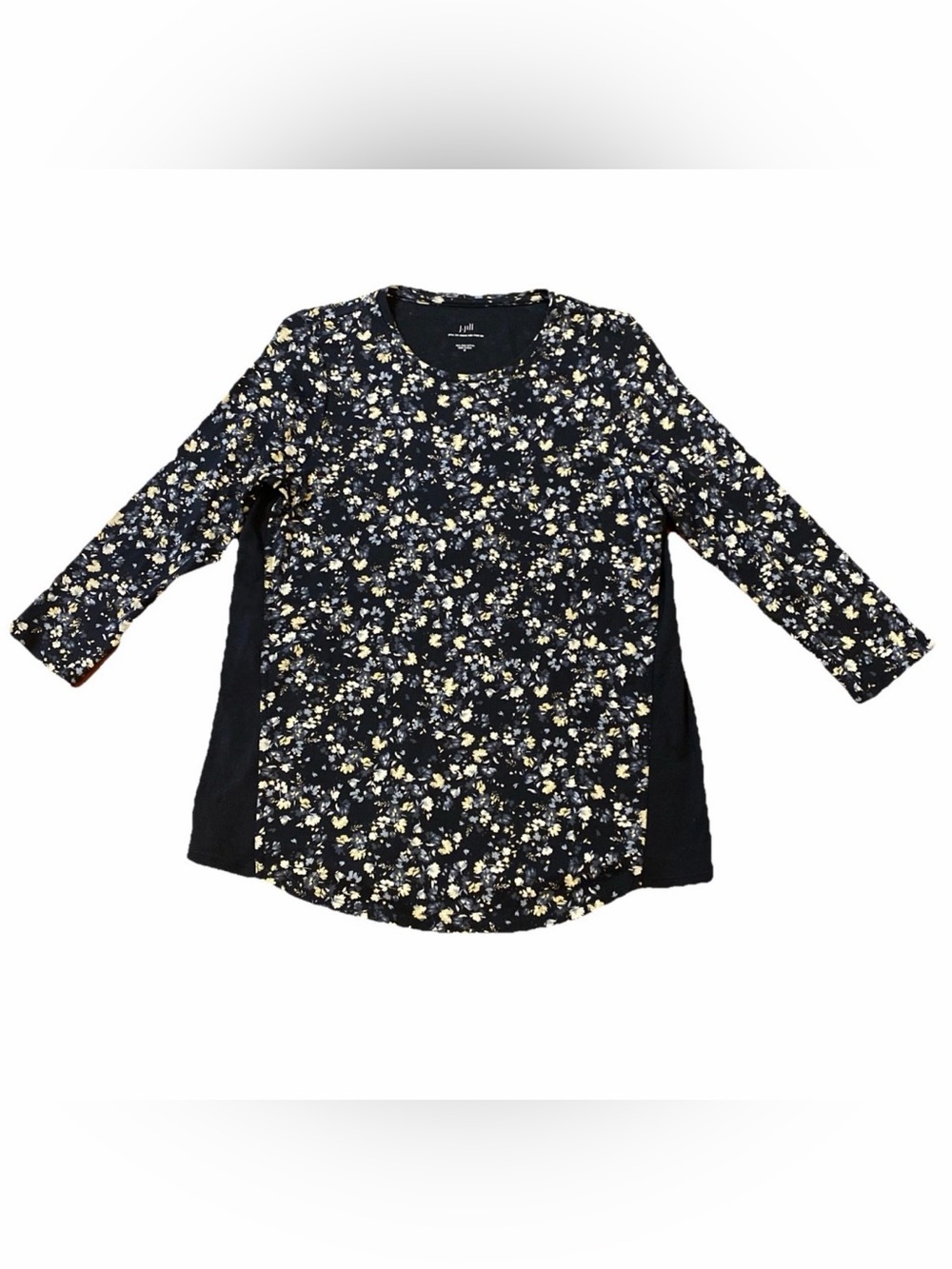 J JILL Pima Cotton Shirt Medium M Blue Floral  3/4 Sleeve Side Inset Tee